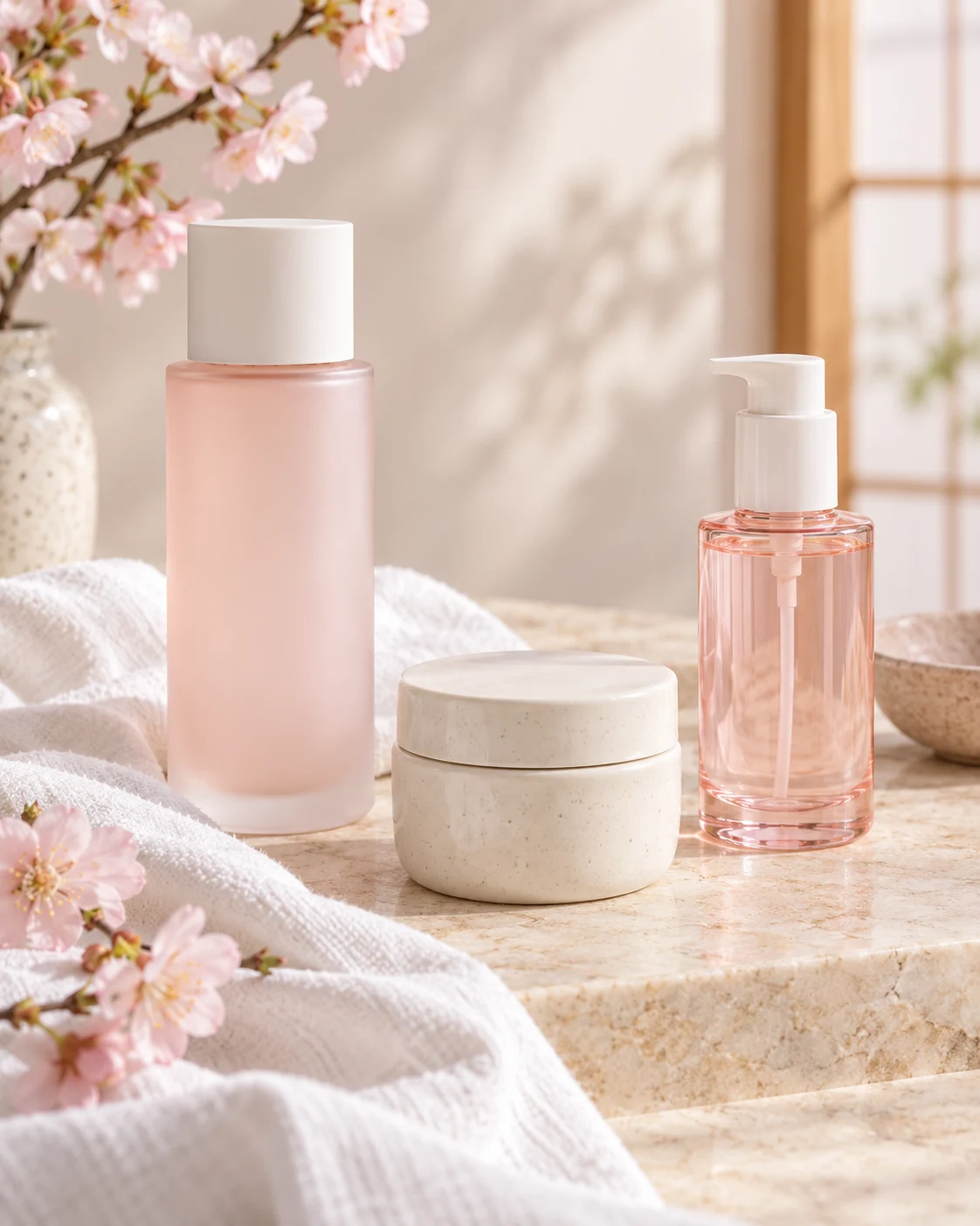 Imagem ilustrativa de frascos sem marca, tecido branco e flores de cerejeira em tons de rosa suave